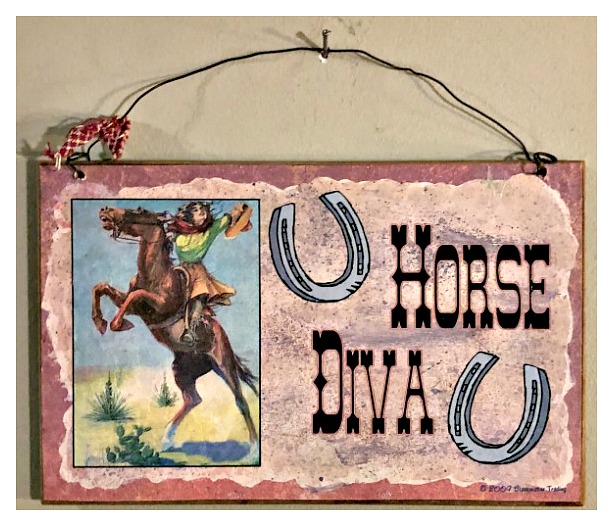 HORSE DIVA DECOR Small Vintage Cowgirl N' Horse "Horse Diva" Horseshoe Graphic Sign