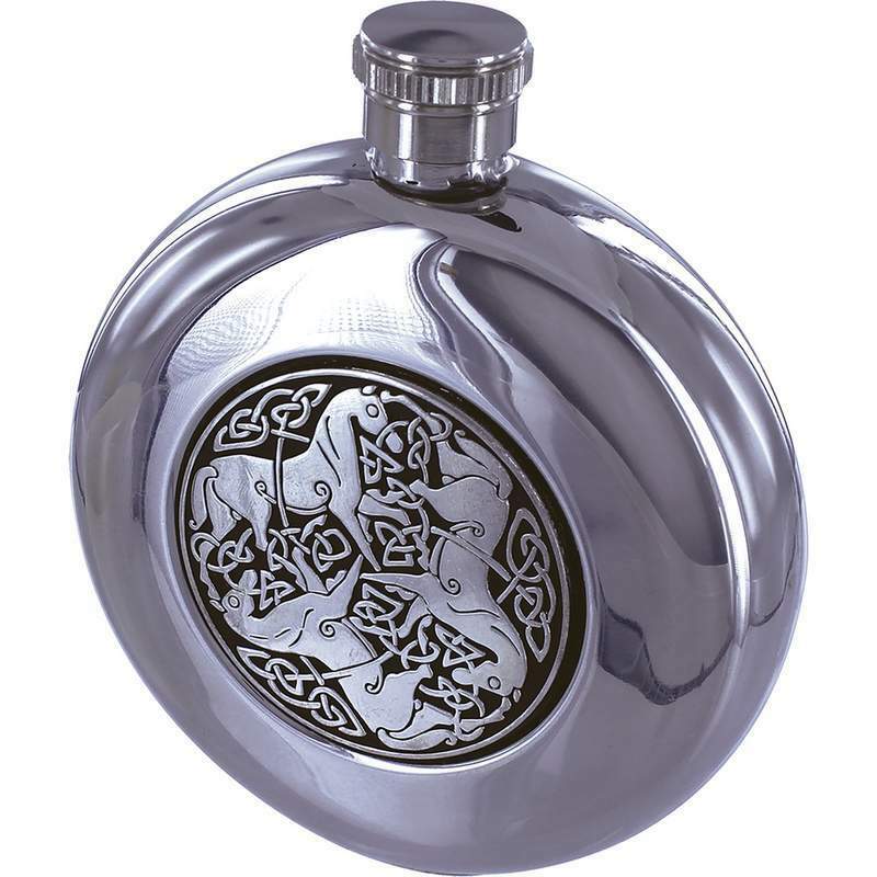 WESTERN GIFTS 5oz Round Stainless Steel Hip Pocket Cap Whiskey Celtic Design Horse Liquor Flask