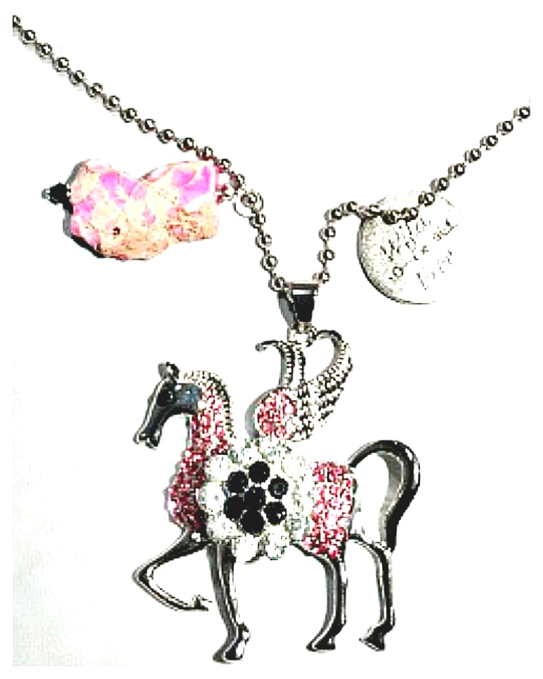 COWGIRL STYLE NECKLACE Pink Crystal Silver Winged Horse with Black & Clear Crystal Snap Pendant with Handmade Charms Necklace
