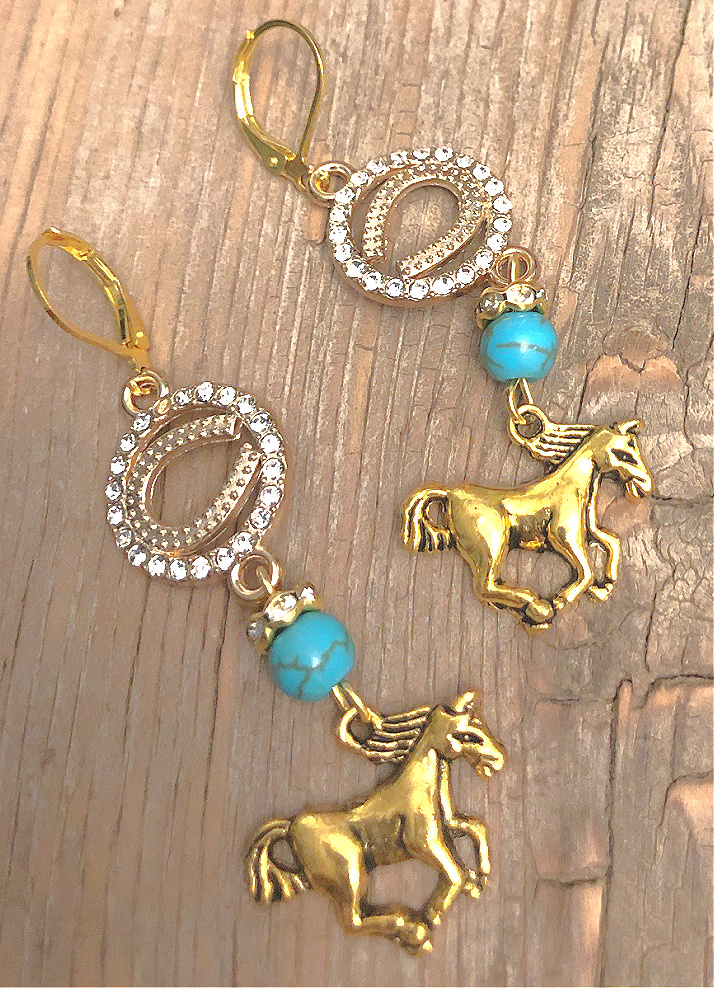 HORSE LOVER EARRINGS Handmade Antique Gold Horse Turquoise Charm Rhinestone Horseshoe Dangle Earrings