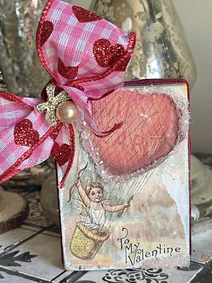 VINTAGE VALENTINES Handmade Vintage Sugared Valentines Day Cupid in Hot Air Balloon “To My Valentine” Pink Checked Heart Bow Distressed Wood Block Sign Tiered Tray Decor