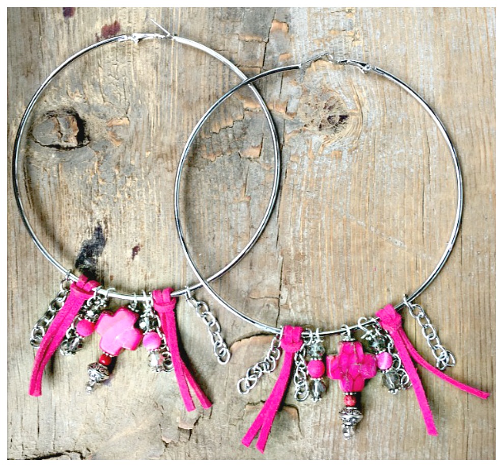 BOHEMIAN COWGIRL EARRINGS Pink Leather Tassel Silver Chain Gemstone Cross Large Hoop Earrings