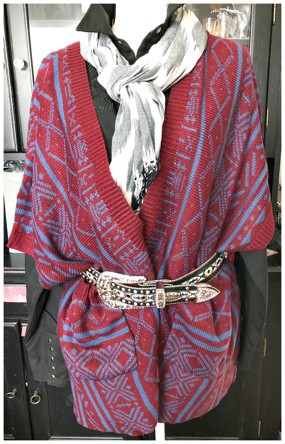 BOHEMIAN COWGIRL CARDIGAN VEST Cozy Aztec Burgundy & Blue Oversized Open Pocketed Umgee Boho Open Vest Cardigan