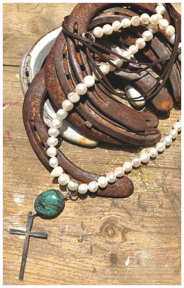 COWGIRL STYLE NECKLACE Handmade Turquoise & Silver Cross Pendant Saltwater Pearl & Leather Tassel Long Necklace LAST ONE