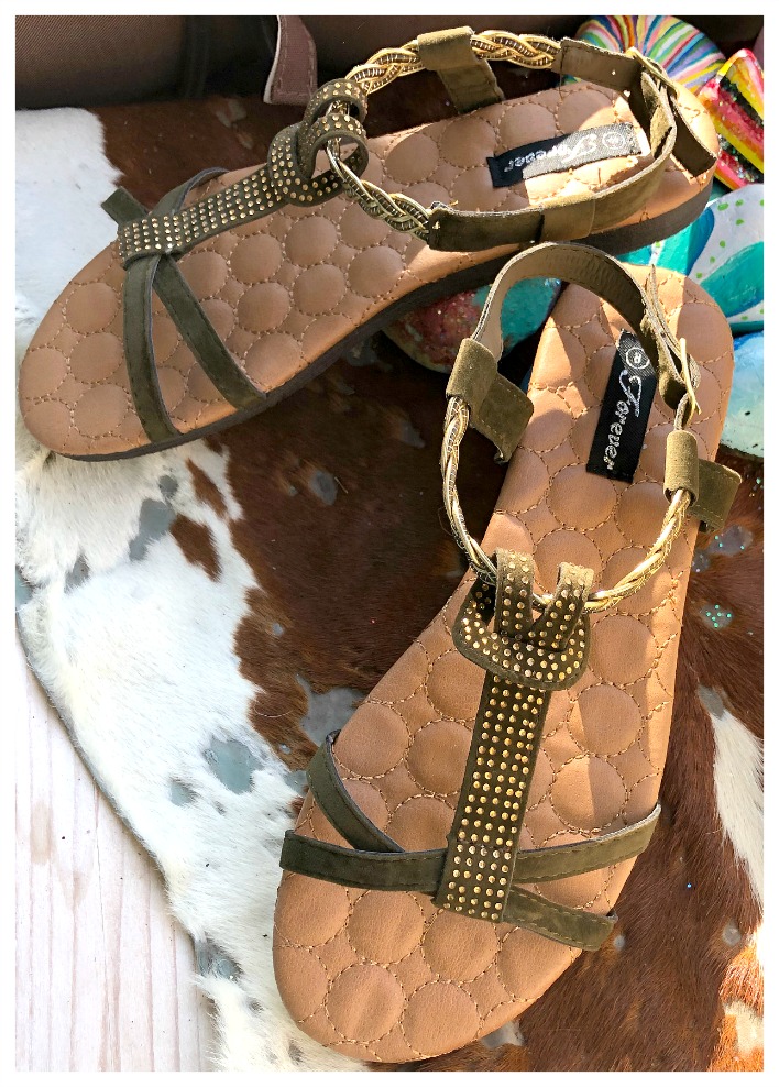 BOHO SANDALS Amber Crystal Studded Gold and Olive Green Suede Sandals