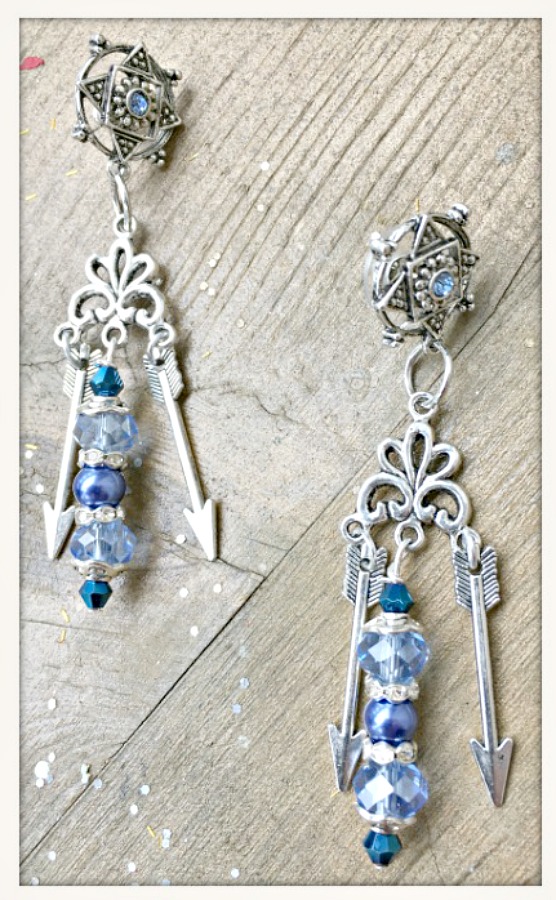 BOHEMIAN COWGIRL EARRINGS Light & Dark Blue Crystals Pearls Rhinestone Antique Silver Arrow Chandelier Earrings