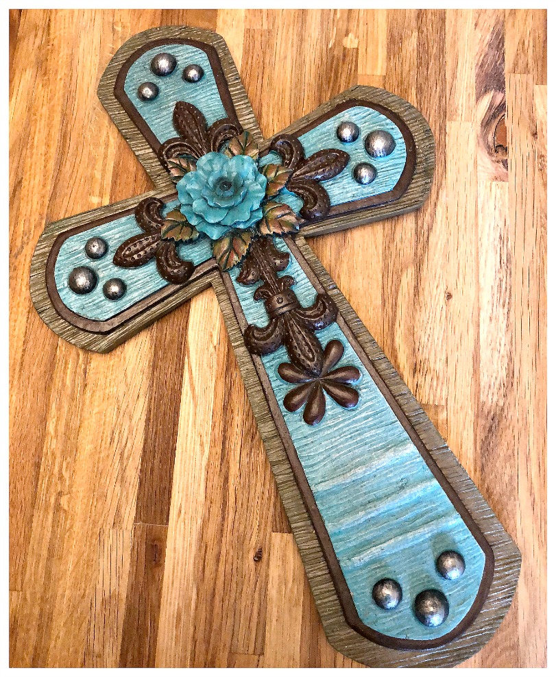 WESTERN STYLE CROSS Faux Turquoise Rose on Layered Fleur de Lis Cross Silver Accents Faux Wood Wall Cross Decor