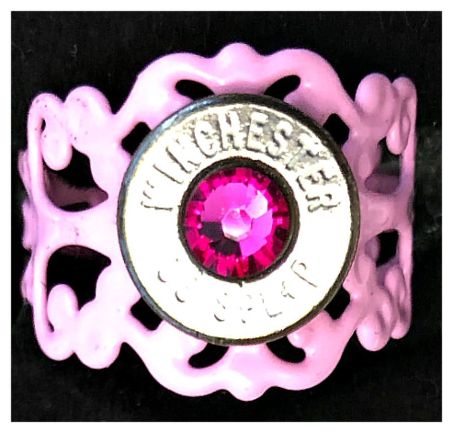 THE PINK BULLET RING Silver Winchester 38 SPL Bullet Pink Swarovski Crystal Pink Filigree Handmade Ring
