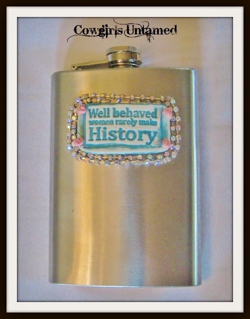COWGIRL ATTITUDE DECOR Turquoise "Well Behaved Women Rarely Make History" Tag with Pink Leather Stainless Steel 8oz Pocket Hip Western Flask