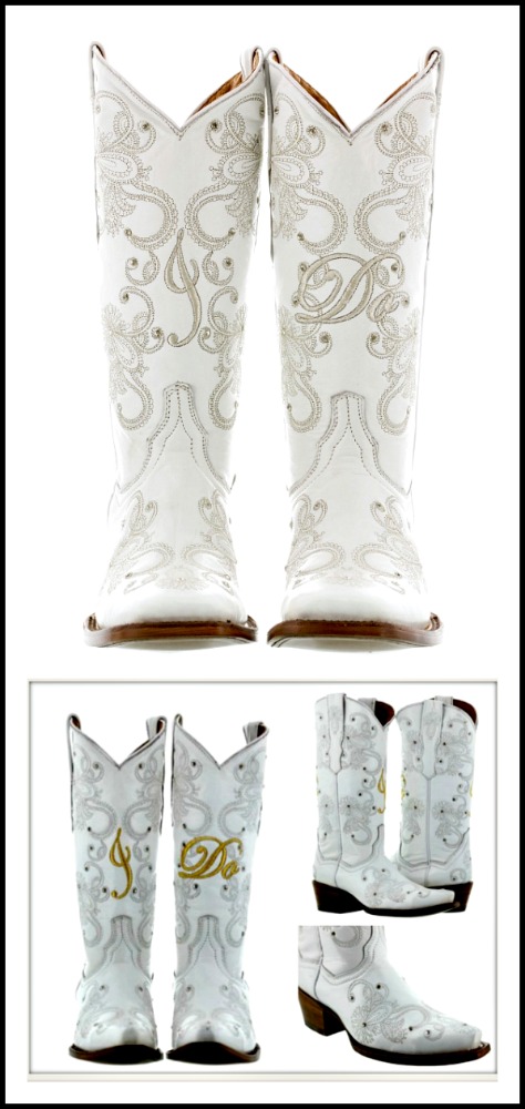 COWGIRL WEDDING BOOTS "I Do" and Floral Embroidered Rhinestone Studded Winter White Wedding Boots Gold or Silver Sizes 5-11