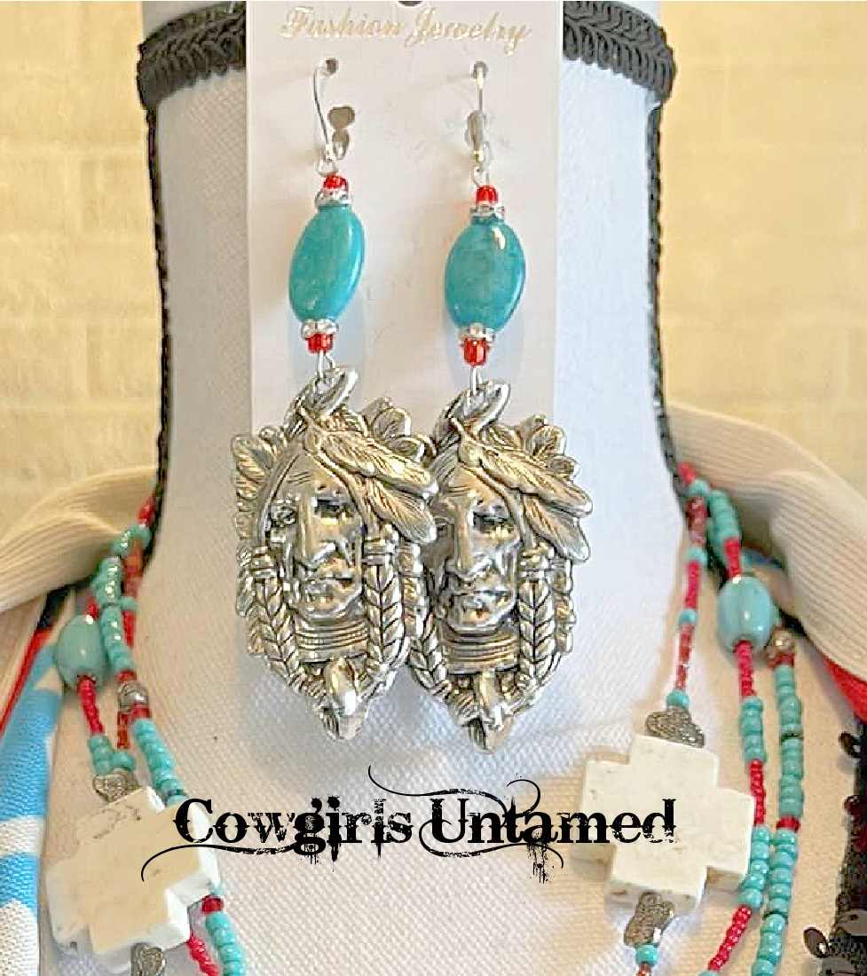 AMERICAN COWGIRL EARRINGS Handmade Large Silver Indian Chief Long Turquoise Beaded Earrings