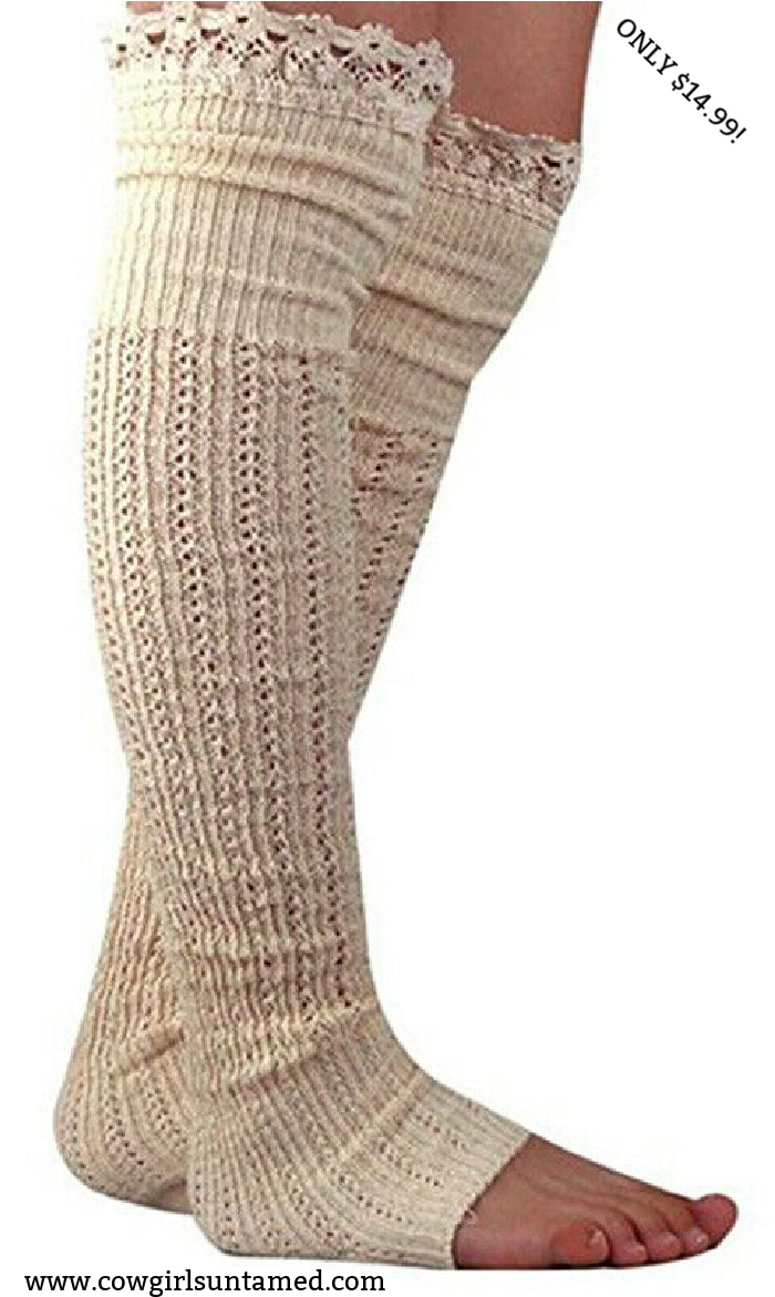 WESTERN LEG WARMERS Ivory Crochet Lace Topped Knit Cowgirl Boot Leg Warmers
