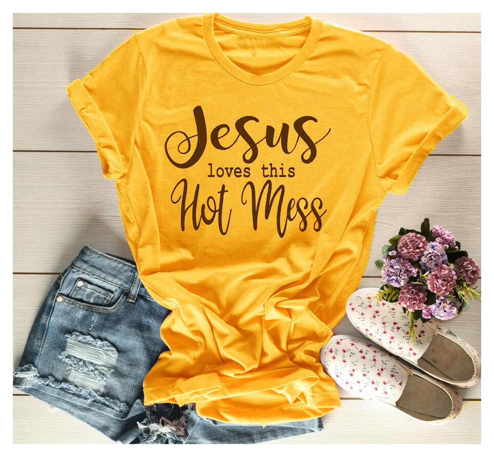 HOT MESS TEE Golden Yellow "Jesus Loves This Hot Mess" Top