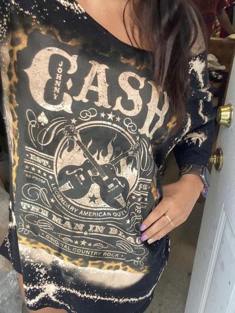 JOHNNY CASH TEE "Johnny Cash Legendary American Outlaw 1955" Scoop Neck Bleached Half Sleeve Black Tan Stretchy Womens Top S-L