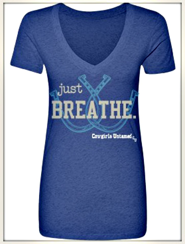 WESTERN COWGIRL TEE "Just Breathe" Light Blue Lucky Horseshoes on V Neck Short Sleeve T-Shirt