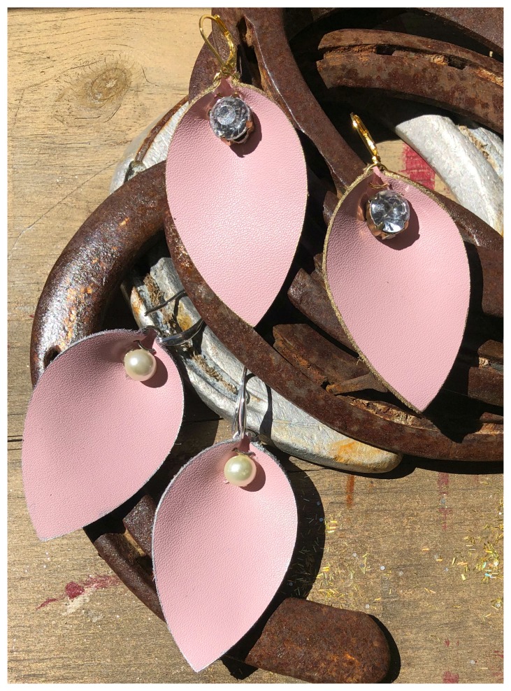 THE KELLY EARRINGS Handmade Large Embellished Painted Pink Leather Teardrop Earrings 2 STYLES