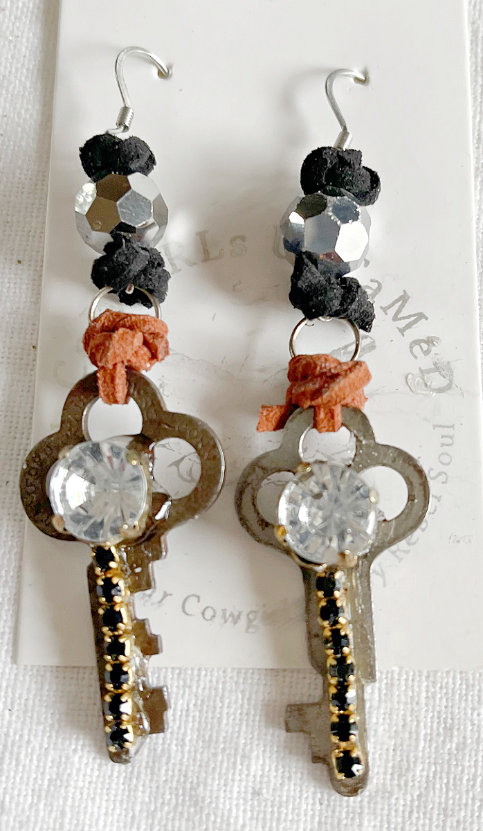 JUNK GYPSY EARRINGS Handmade Black Rhinestone Silver Antique Keys Leather Crystal Beaded Silver Dangle Earrings