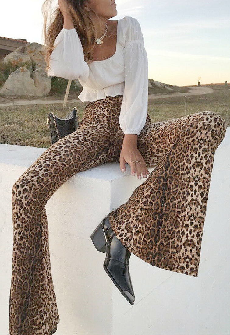 THE KIYARA PANTS Brown Leopard Stretchy Pull Flare Bottom Womens Legging Pants S-2X