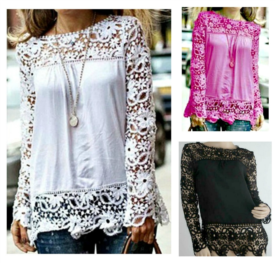 THE GEORGIA TOP Lace Long Sleeve & Hem Chiffon Loose Fit Western Top- Blk 3X or Wht S/M ONLY