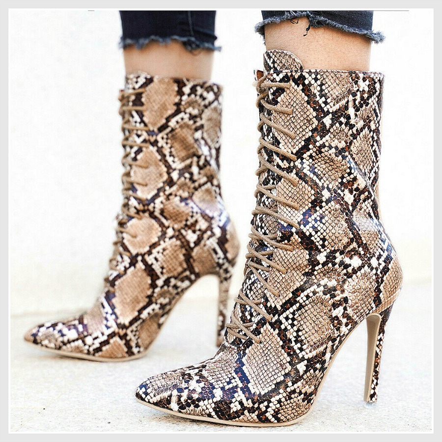 Snakeskin Lace Up High Heel Sexy Bootie 