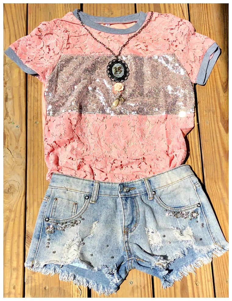 SHE'S A DOLL TOP Beautiful Pink Sheer Lace Silver Sequin Stripe Short Sleeve T Shirt ONLY S & M left
