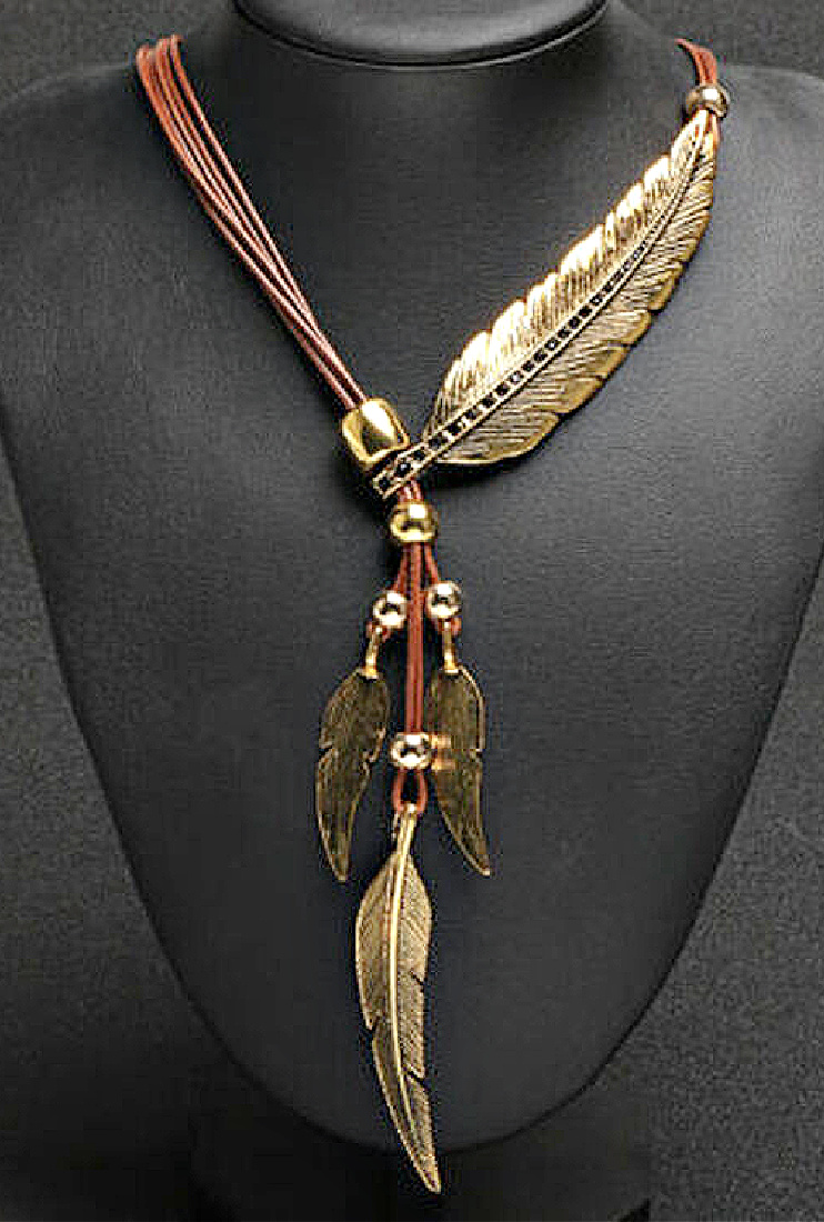 THE FEATHER NECKLACE Gold Rhinestone Feather Brown Multi Leather Strand Boho Necklace LAST ONE