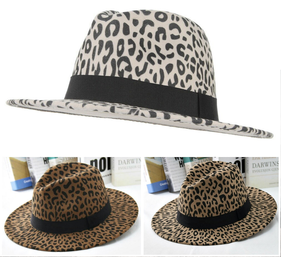 BE WILD HAT Leopard Print Fedora Wide Brim Panama Trilby Wool Felt Hat with Band  3 COLORS