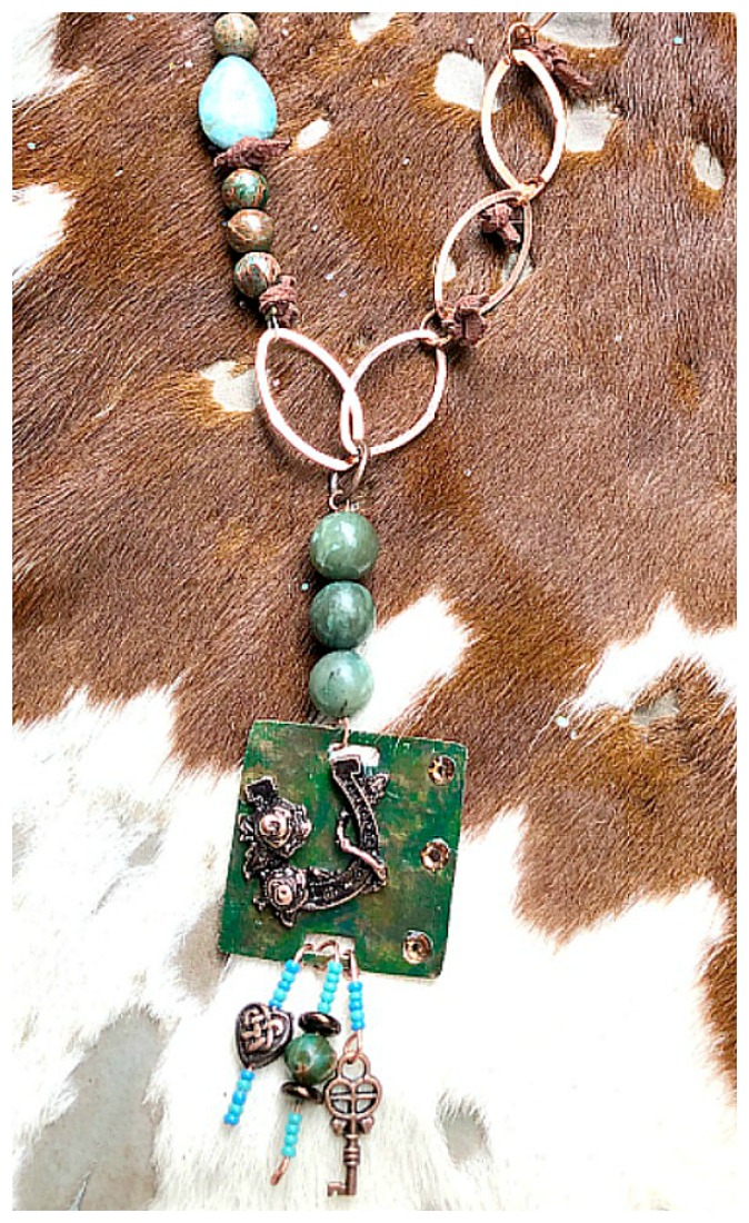 VINTAGE COWGIRL NECKLACE Copper Patina Heart Horse Shoe Charm Turquoise and Gemstone Necklace