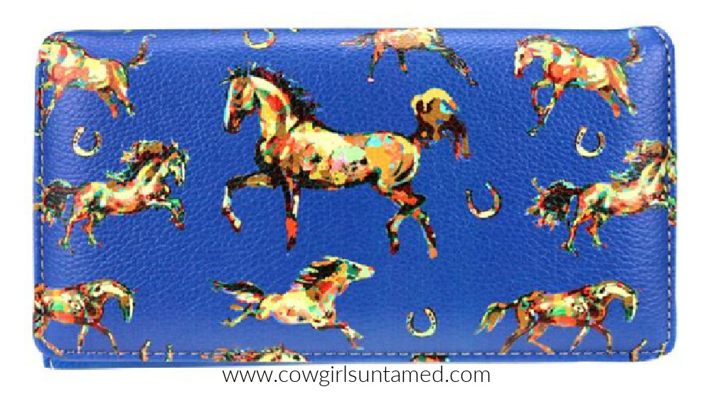 HORSE ADDICT WALLET Multi Color Horse & Horseshoe Black Leather Western Wallet LAST ONE BLUE