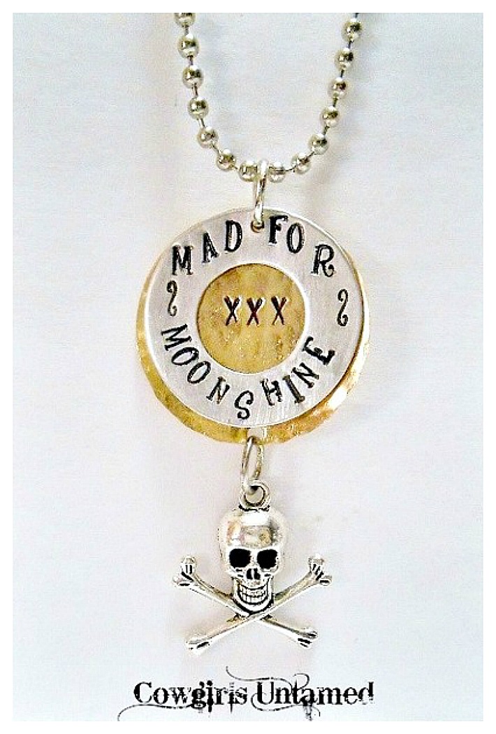 MAD 4 MOONSHINE NECKLACE "Mad for Moonshine" Pendant with Skull n Crossbones Silver Ball Chain Western Necklace ARTISAN MADE
