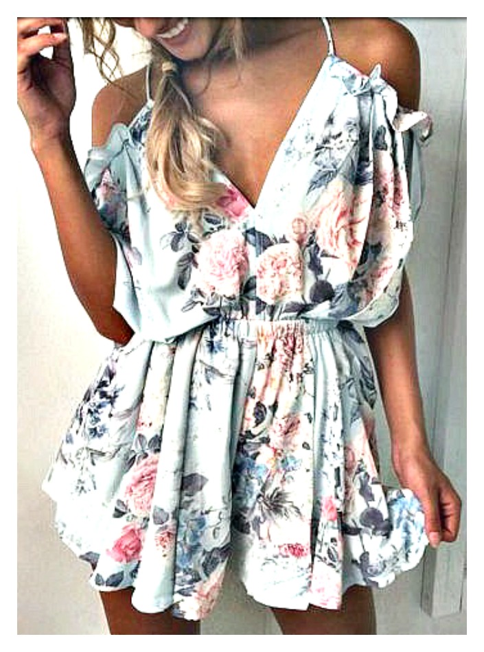 WILDFLOWER ROMPER Pastel Floral Open Back Off the Shoulder Ruffle Shorts Romper Sizes ONLY L & XL LEFT