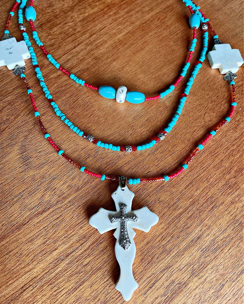 THE SAN ANTONIO NECKLACE Handmade Triple Strand Turquoise & Red Indian Beaded Large Cross Western Necklace