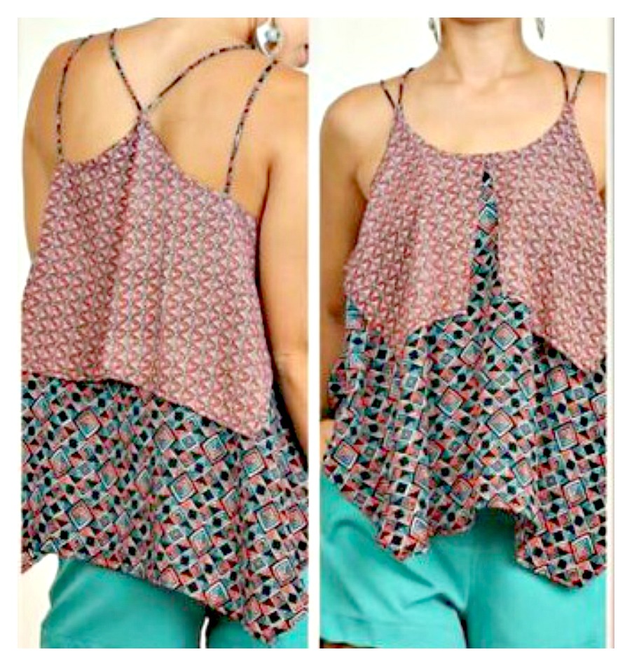THE JANESSA TOP Mixed Pattern Sleeveless Tiered Loose Fit Strappy Back Boho Top LAST ONE L