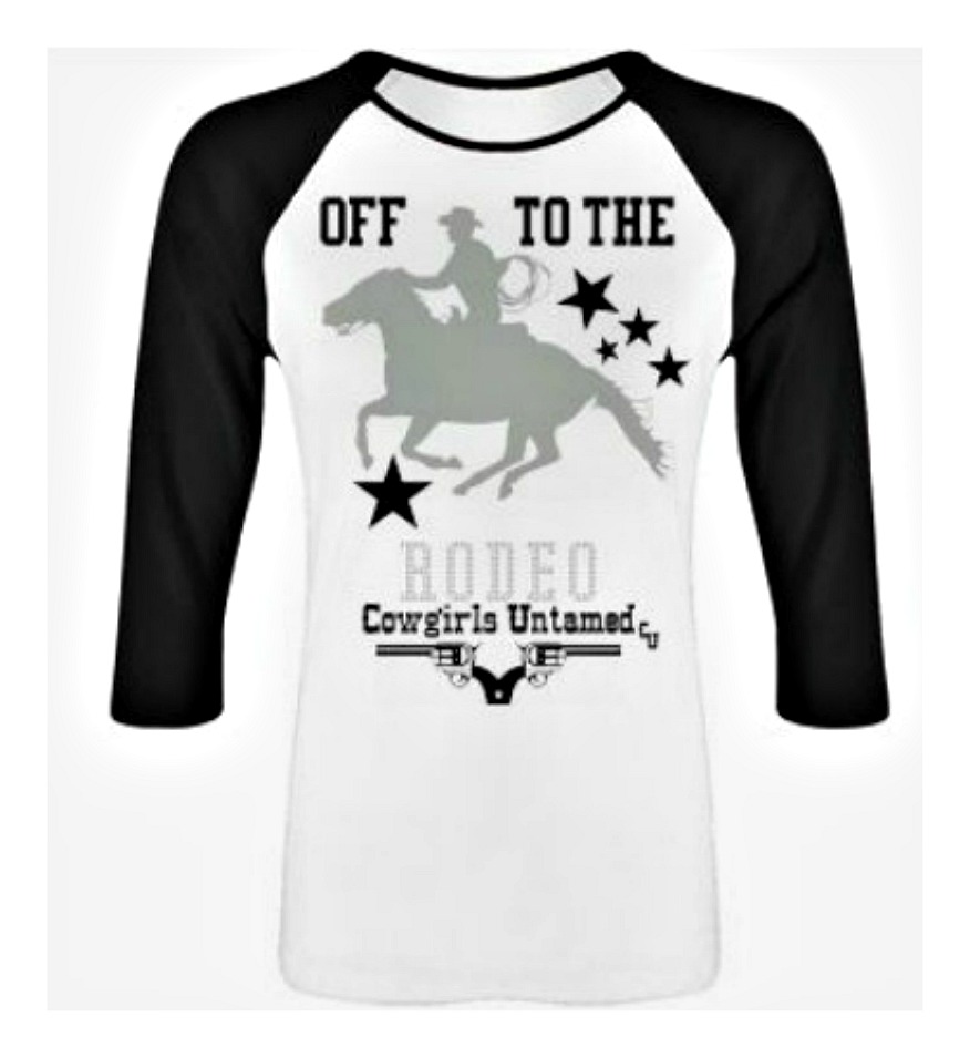 RODEO REBEL TEE "Off to the RODEO" Horse Stars Black Baseball Style Top