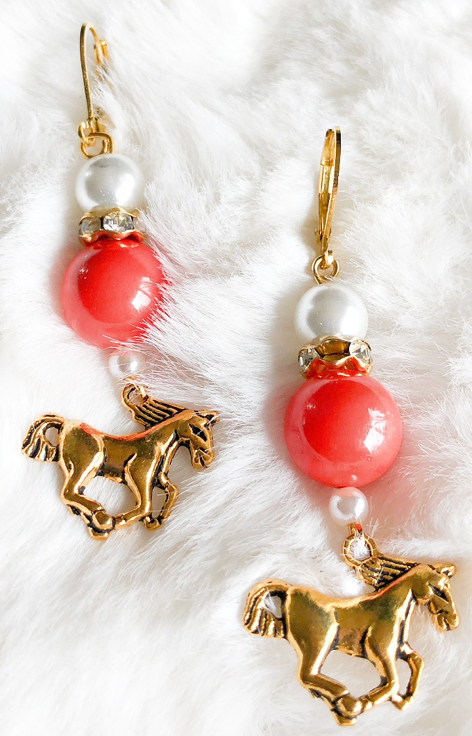THE TESS EARRINGS Handmade Golden Horse Charm Orange Gemstone Pearl Rhinestone Beaded Dangle Earrings