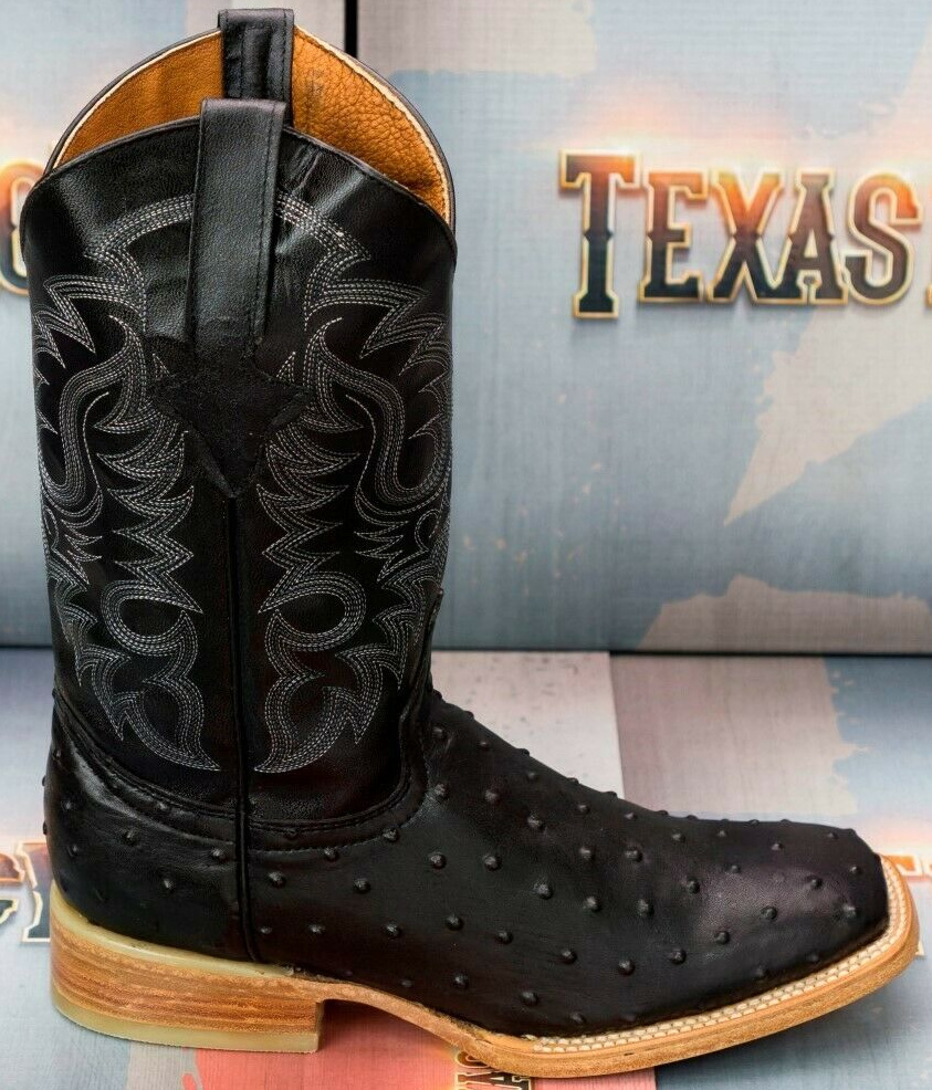 THE TEXAS LEGACY COWBOY BOOT Embossed Ostrich & Embroidered Genuine Leather BMens Black Square Toe Cowboy Boot 6-14 M or W