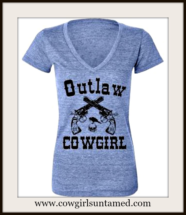 COWGIRL ATTITUDE Outlaw Cowgirl with Sixshooter N Skull with Crow Short Sleeve V Neck Blue 