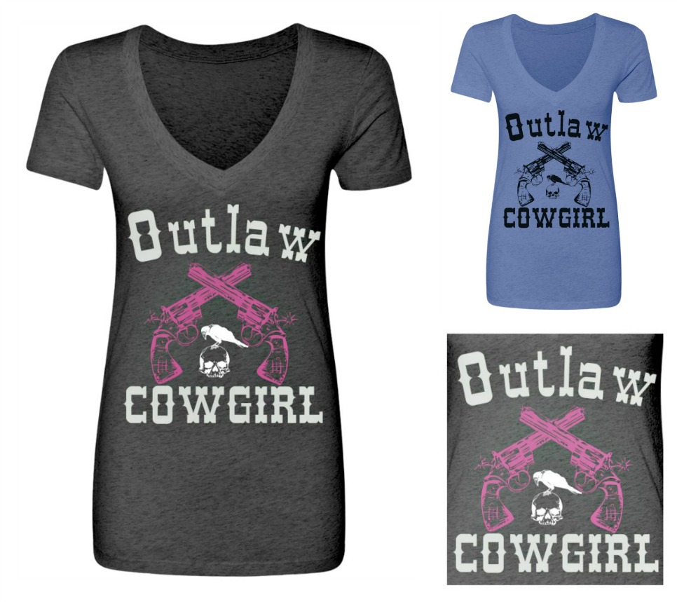 COWGIRL ATTITUDE TEE "Outlaw Cowgirl" with Sixshooter N Skull Crow Short Sleeve V Neck Western T-Shirt 2 LEFT XL & 2X