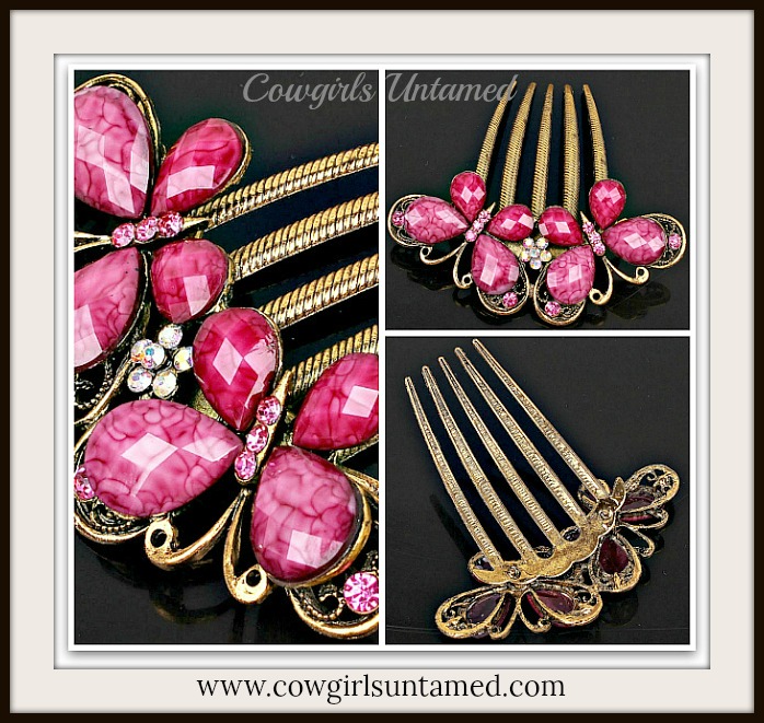 COWGIRL GYPSY HAIR CLIP Gold Filled Hot Pink Butterfly Crystal Hair Comb  Clip butterfly pink hot pink crystal western cowgirl gold gold filled  summer spring, hair comb, hair clip, butterfly, butterflies, gold,