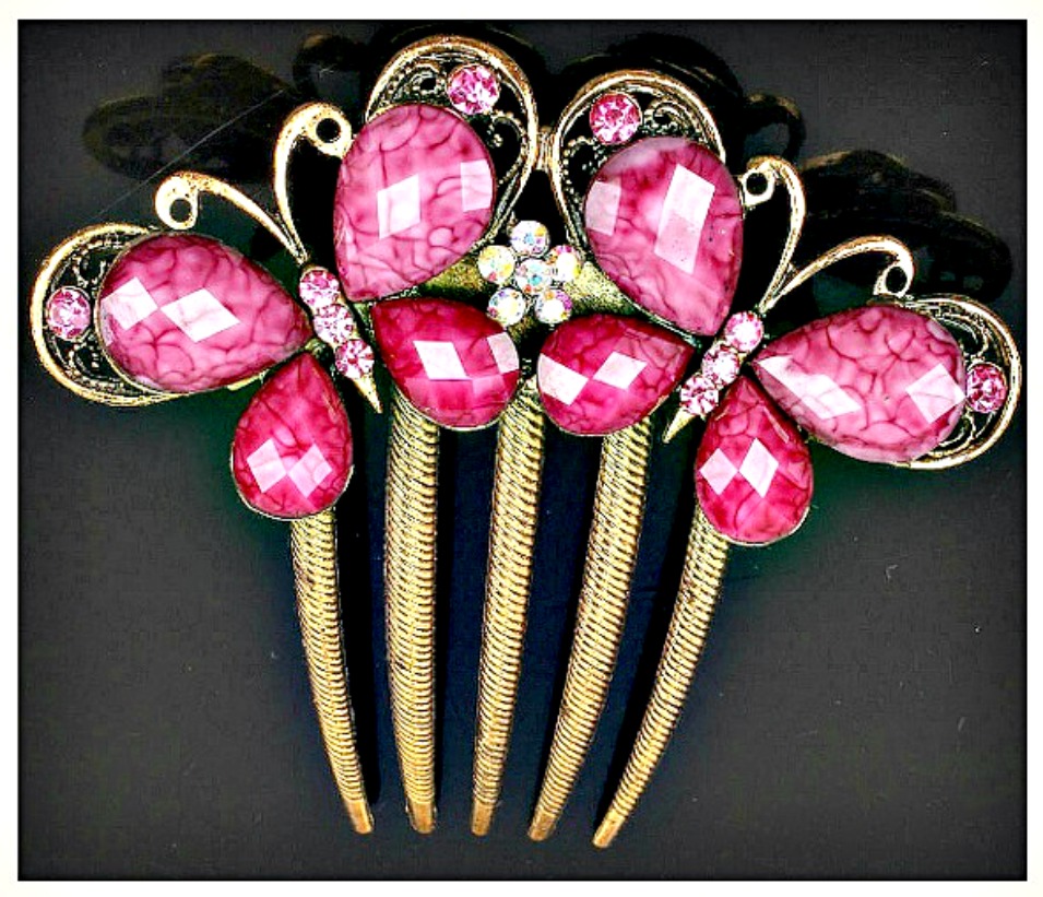 BUTTERFLY HAIR COMB Gold Filled Hot Pink Butterfly Crystal Hair Comb Clip