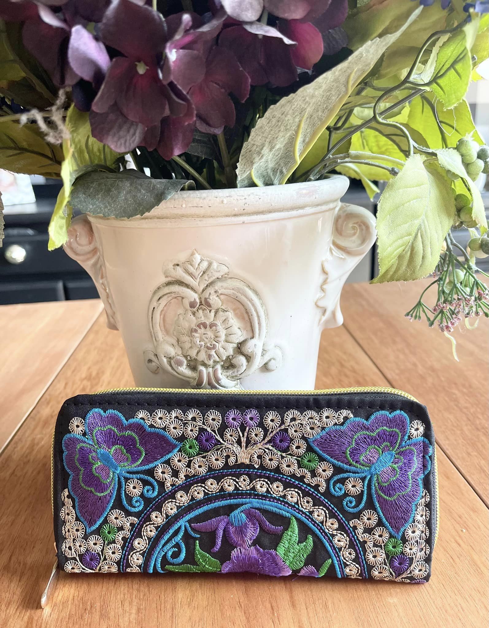 VINTAGE BOHEMIAN WALLET Floral Embroidered Purple Butterfly Black Boho Wallet / Clutch