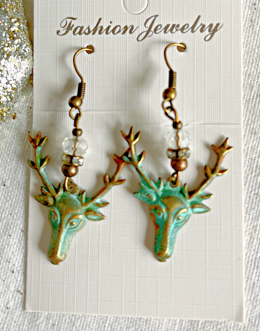 OH BUCK EARRINGS Handmade Patina Buck Deer Crystal & Rhinestone Antique Bronze Dangle Earrings