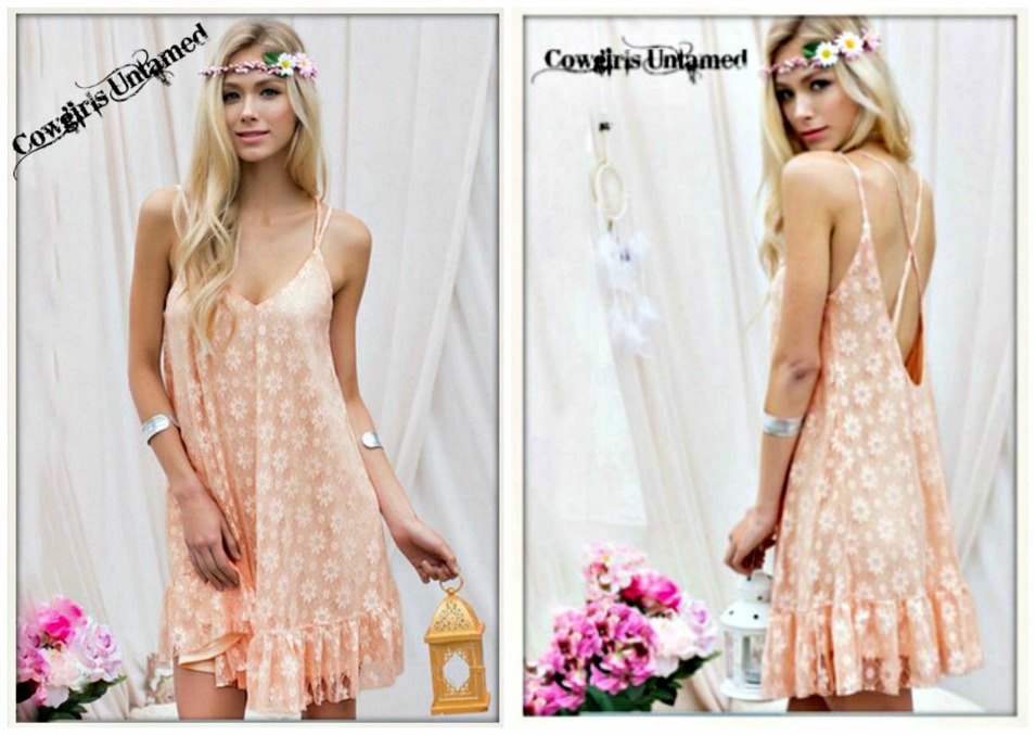 WILDFLOWER DRESS Peach Lace N' Ruffle Criss Cross Back Boho Mini Dress