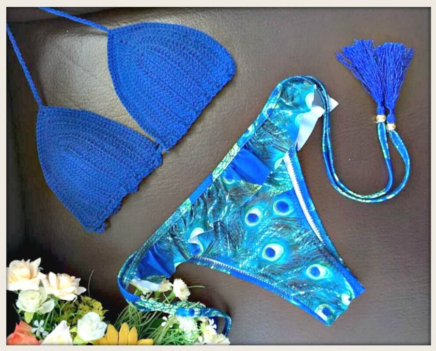 BOHO HIPPIE BIKINI Blue Lace Crochet Top & Peacock Fringe String Bottom Bikini Set