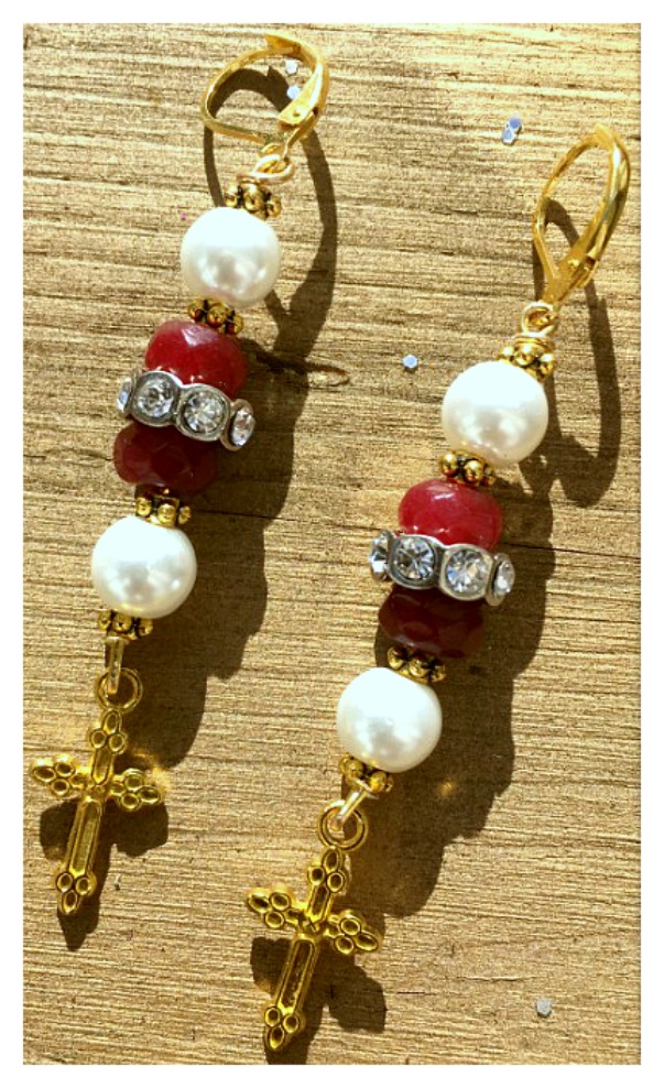 SAN ANTONIO EARRINGS Handmade Ruby Gemstone Rhinestone and Pearl Gold Cross Earrings