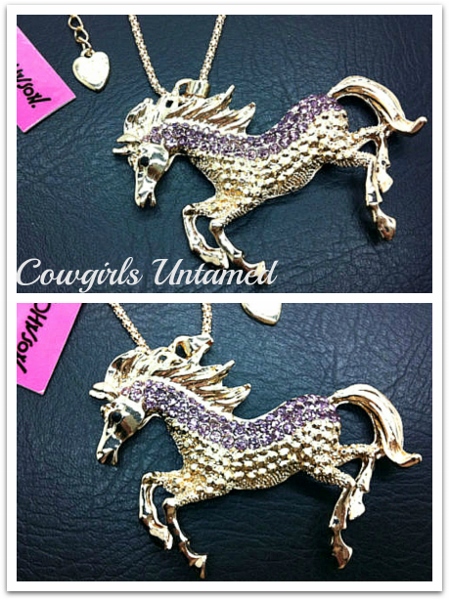 HORSE LOVIN' COWGIRL NECKLACE Gold Horse Pendant with Pink Crystal Horse Long Western Necklace