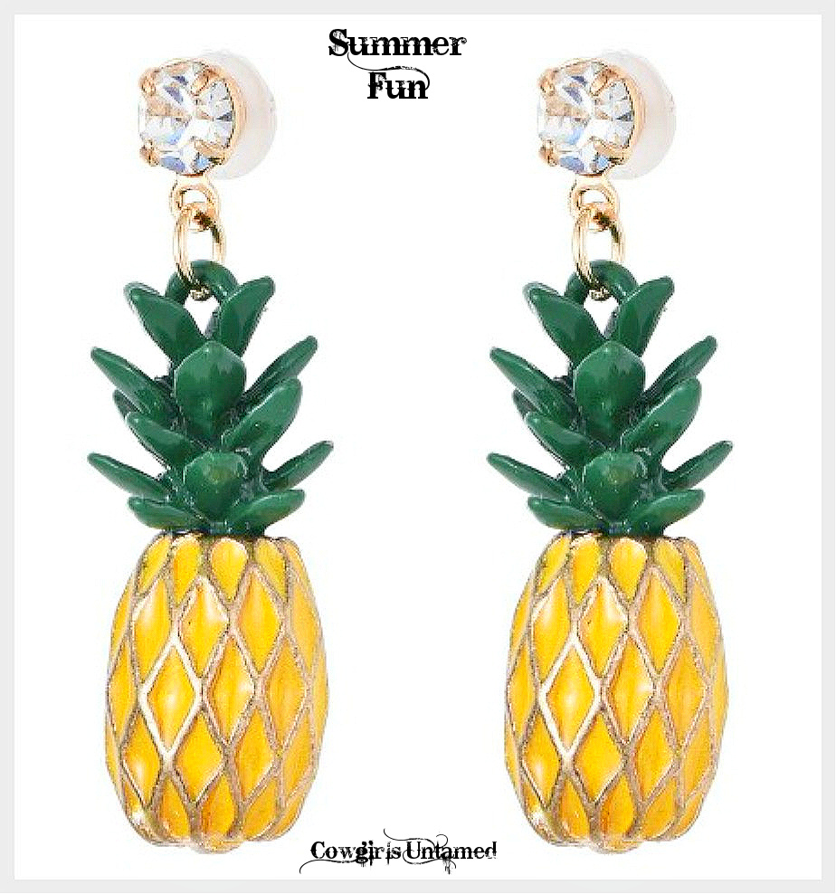 SOUTHERN BELLE EARRINGS Yellow Enamel Pineapple and Rhinestone Earrings