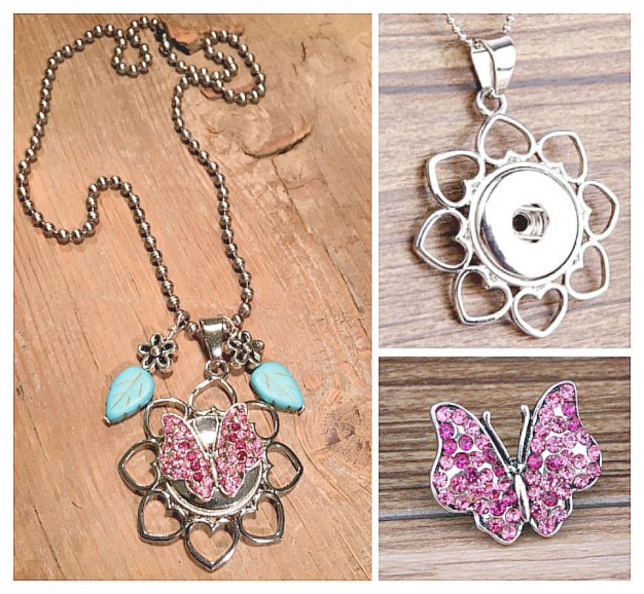 COWGIRL ATTITUDE NECKLACE Pink Butterfly Snap on Silver Heart Petal Flower Pendant with Turquoise Leaf Flower Charm Necklace