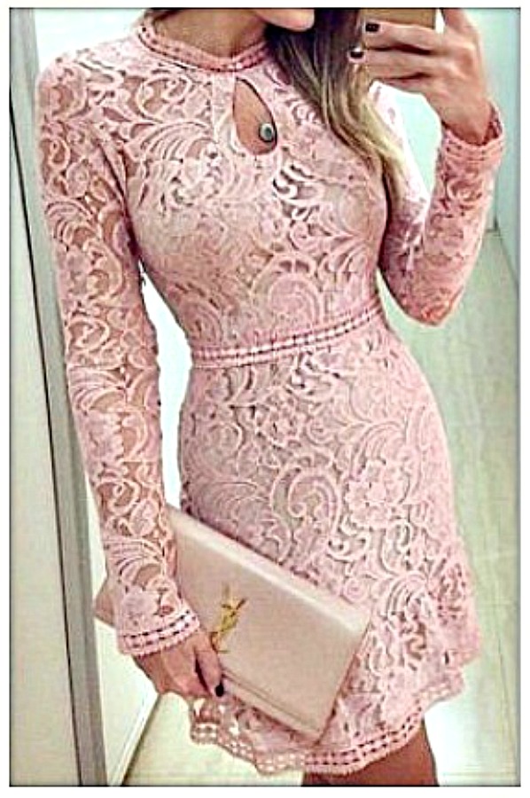 THE TAYLOR DRESS Pink High Neckline Keyhole Long Sleeve Lace Mini Dress  LAST ONE  L/XL
