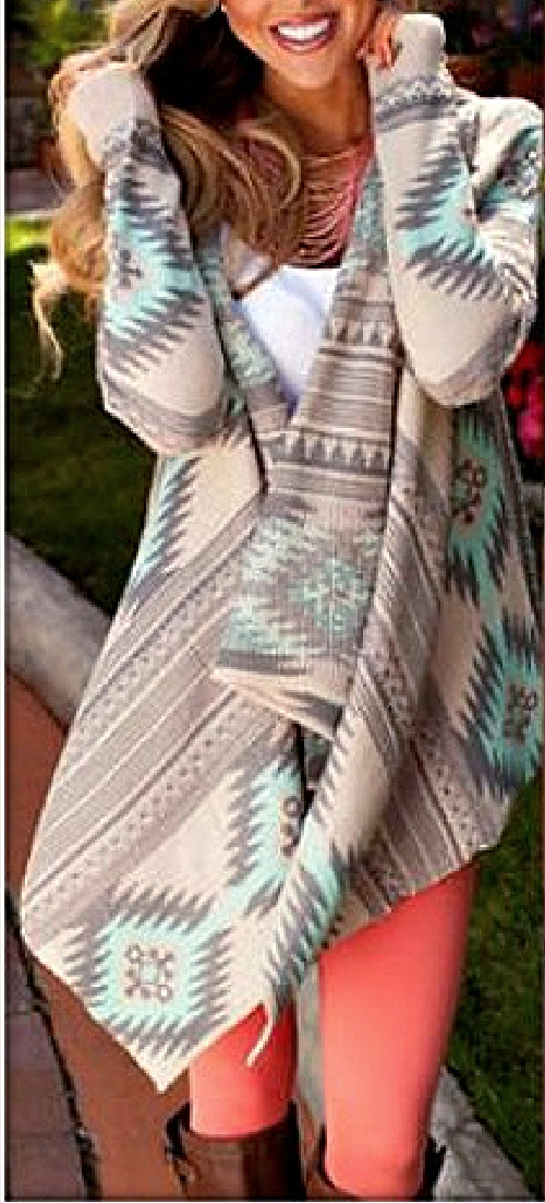 AZTEC SWEATER Mint Green Gray Tribal Knit Long Sleeve Asymmetric Hem Western Womens Cardigan XL ONLY